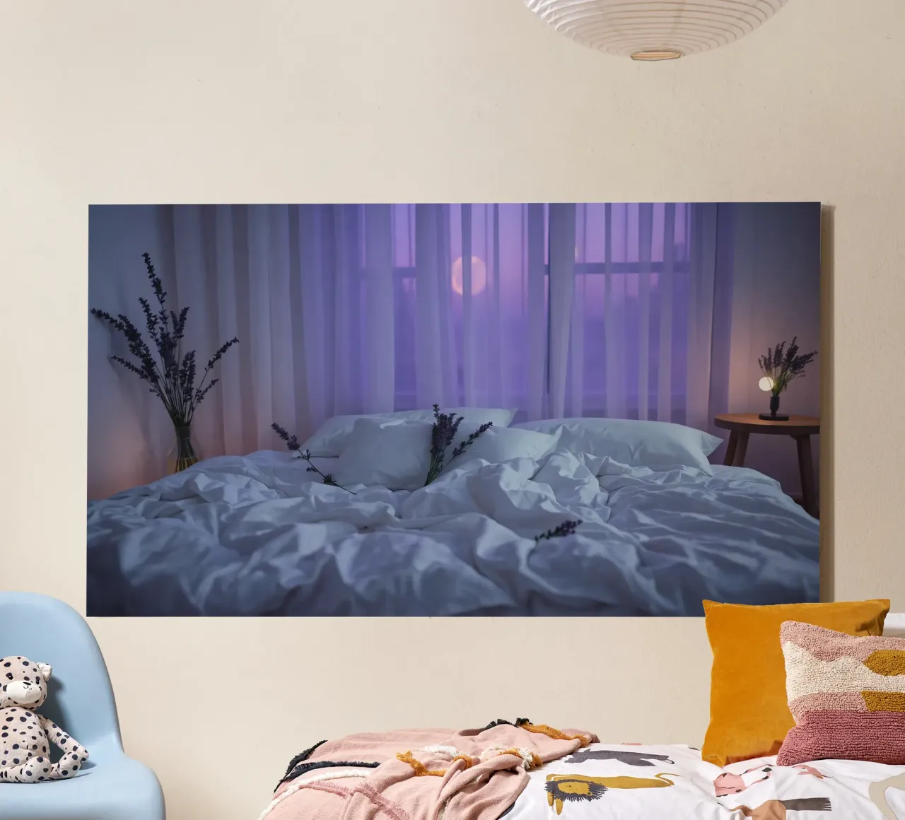 Soft lavender flowers on a bed at sunrise with a view throug canvas with Floater frame by DesignDoodle