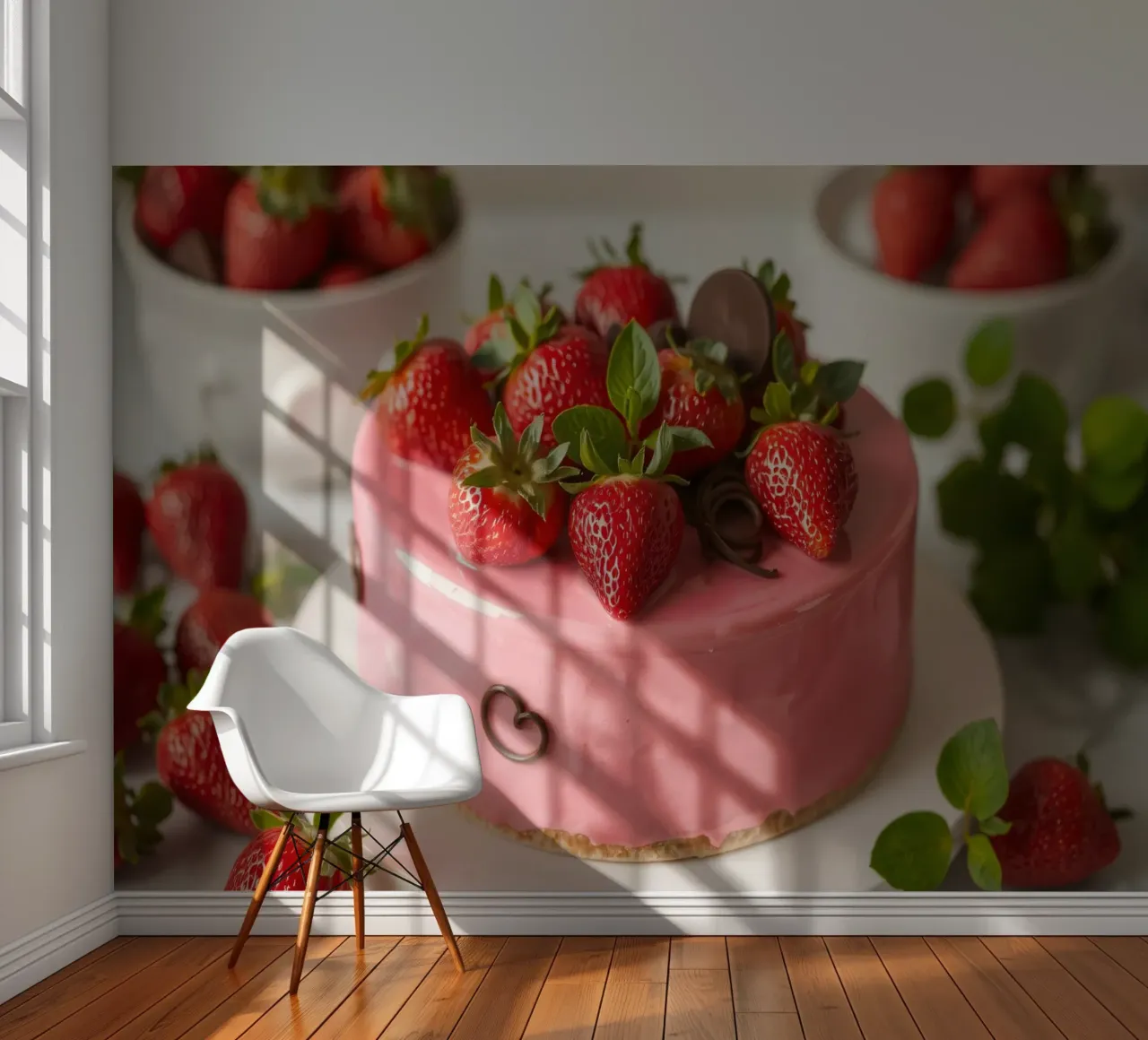 Delicious strawberry cake topped with fresh berries and mint photo wallpaper by DesignDoodle