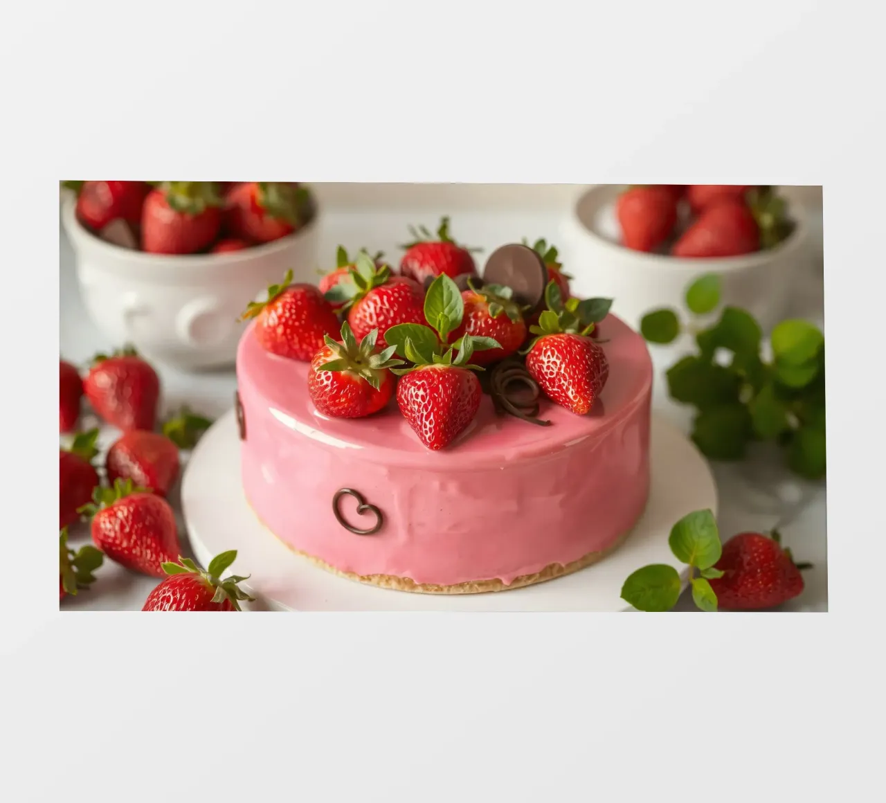 Delicious strawberry cake topped with fresh berries and mint photo wallpaper by DesignDoodle