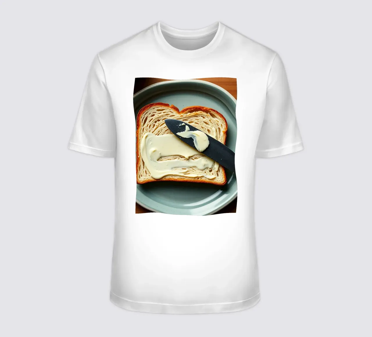 Slicing bread and spreading butter on a plate in a cozy kitc t-shirt by DesignDoodle