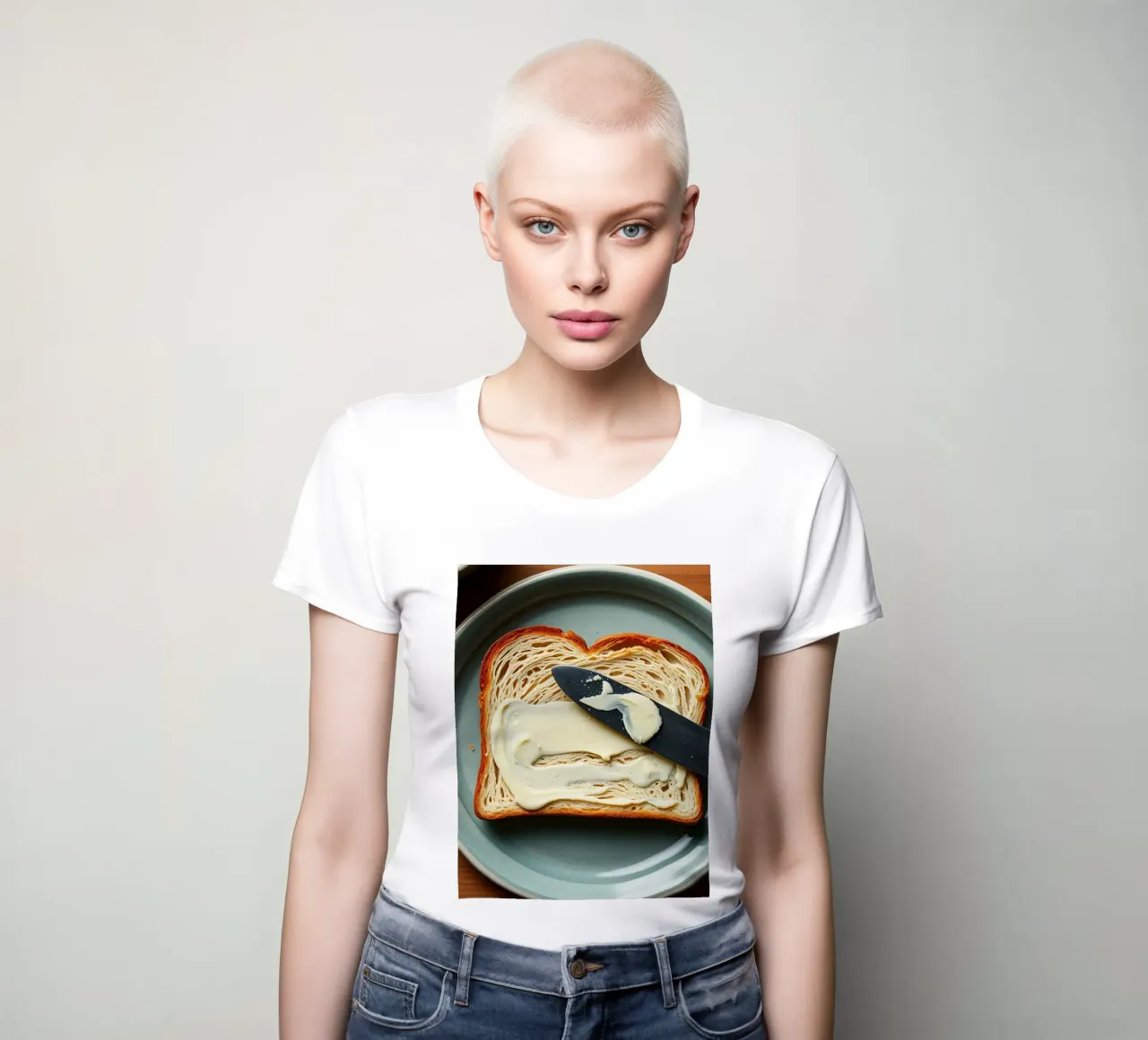 Slicing bread and spreading butter on a plate in a cozy kitc women's fitted t-shirt by DesignDoodle