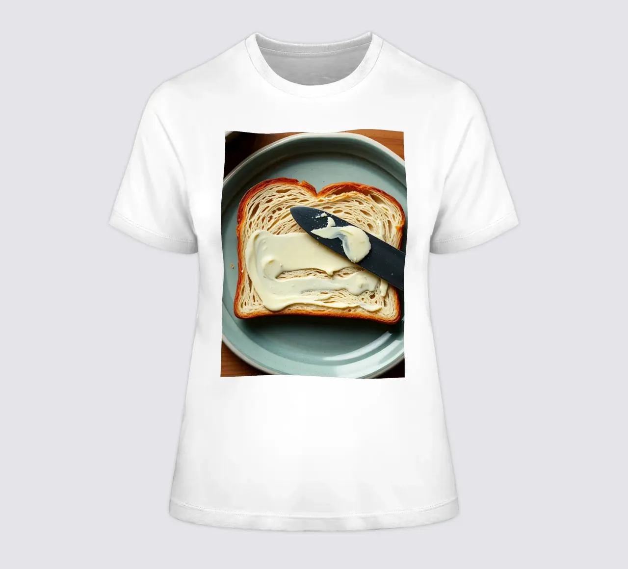 Slicing bread and spreading butter on a plate in a cozy kitc women's fitted t-shirt by DesignDoodle