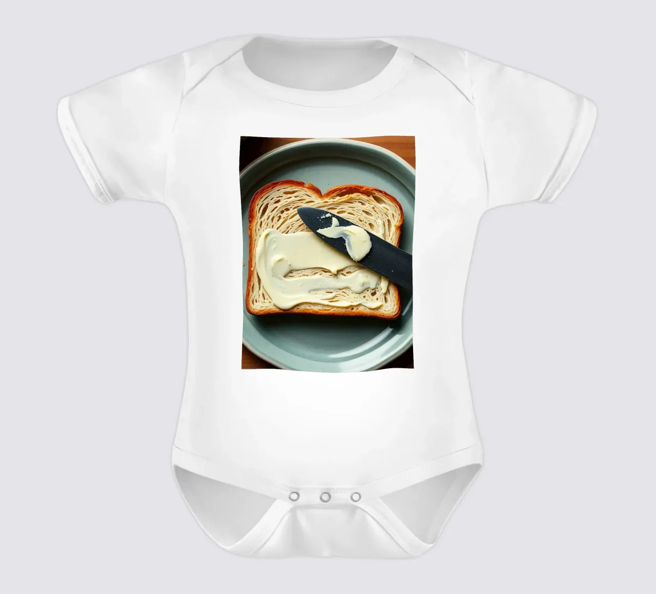 Slicing bread and spreading butter on a plate in a cozy kitc short-sleeve baby romper by DesignDoodle