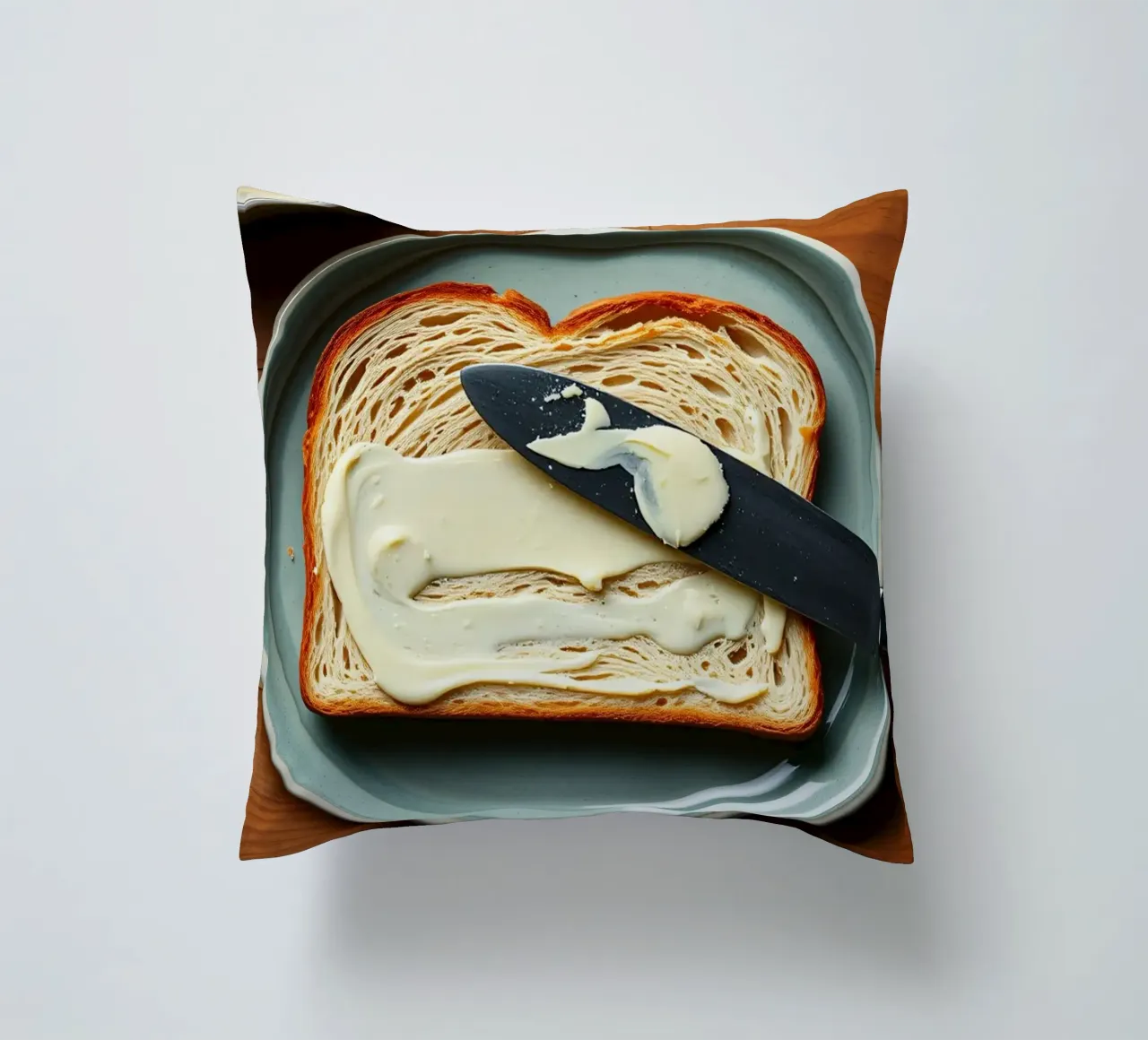 Affettare il pane e spalmare il burro su un piatto in una cucina accogliente cuscino da DesignDoodle