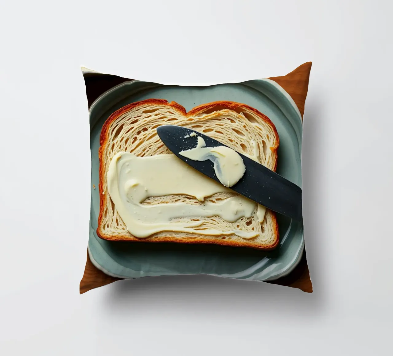 Affettare il pane e spalmare il burro su un piatto in una cucina accogliente cuscino da DesignDoodle