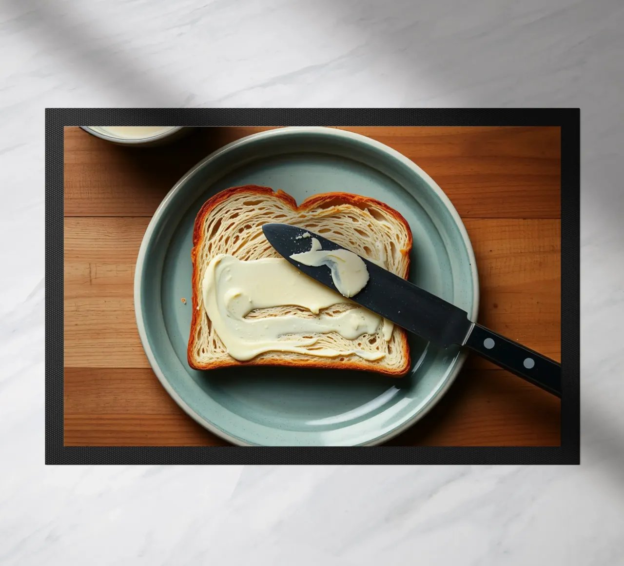 Slicing bread and spreading butter on a plate in a cozy kitc doormat by DesignDoodle