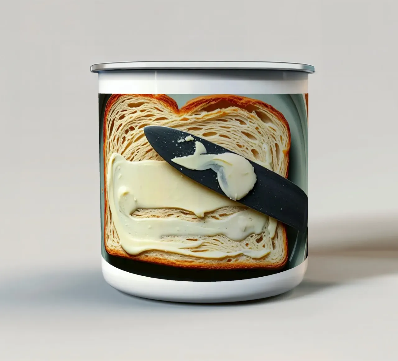 Affettare il pane e spalmare il burro su un piatto in una cucina accogliente tazza in smalto da DesignDoodle