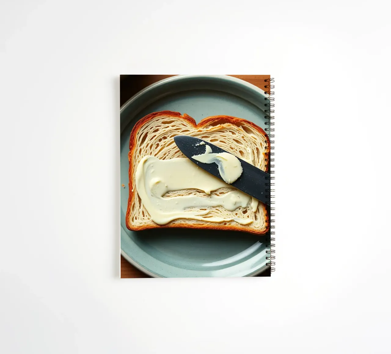 Slicing bread and spreading butter on a plate in a cozy kitc spiral notebook by DesignDoodle