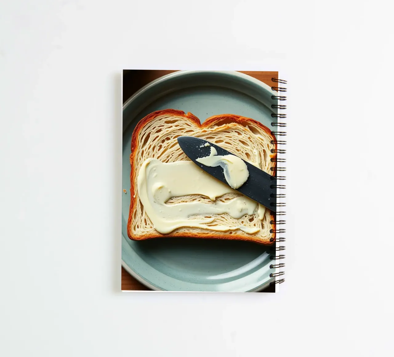 Slicing bread and spreading butter on a plate in a cozy kitc spiral notebook by DesignDoodle