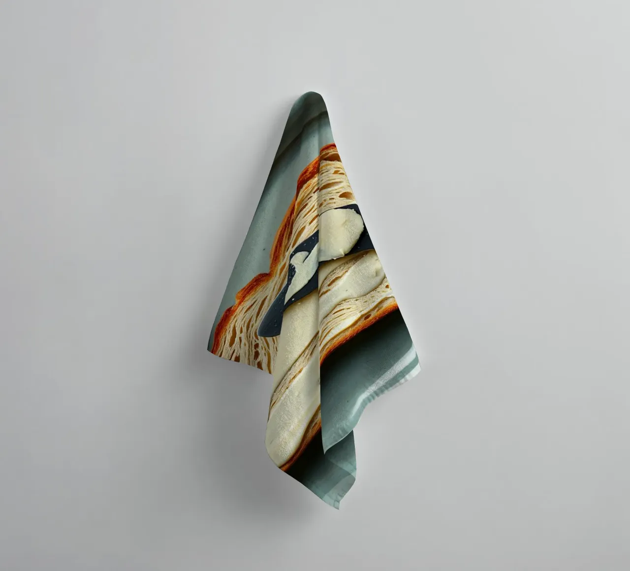 Affettare il pane e spalmare il burro su un piatto in una cucina accogliente asciugamano da bagno da DesignDoodle