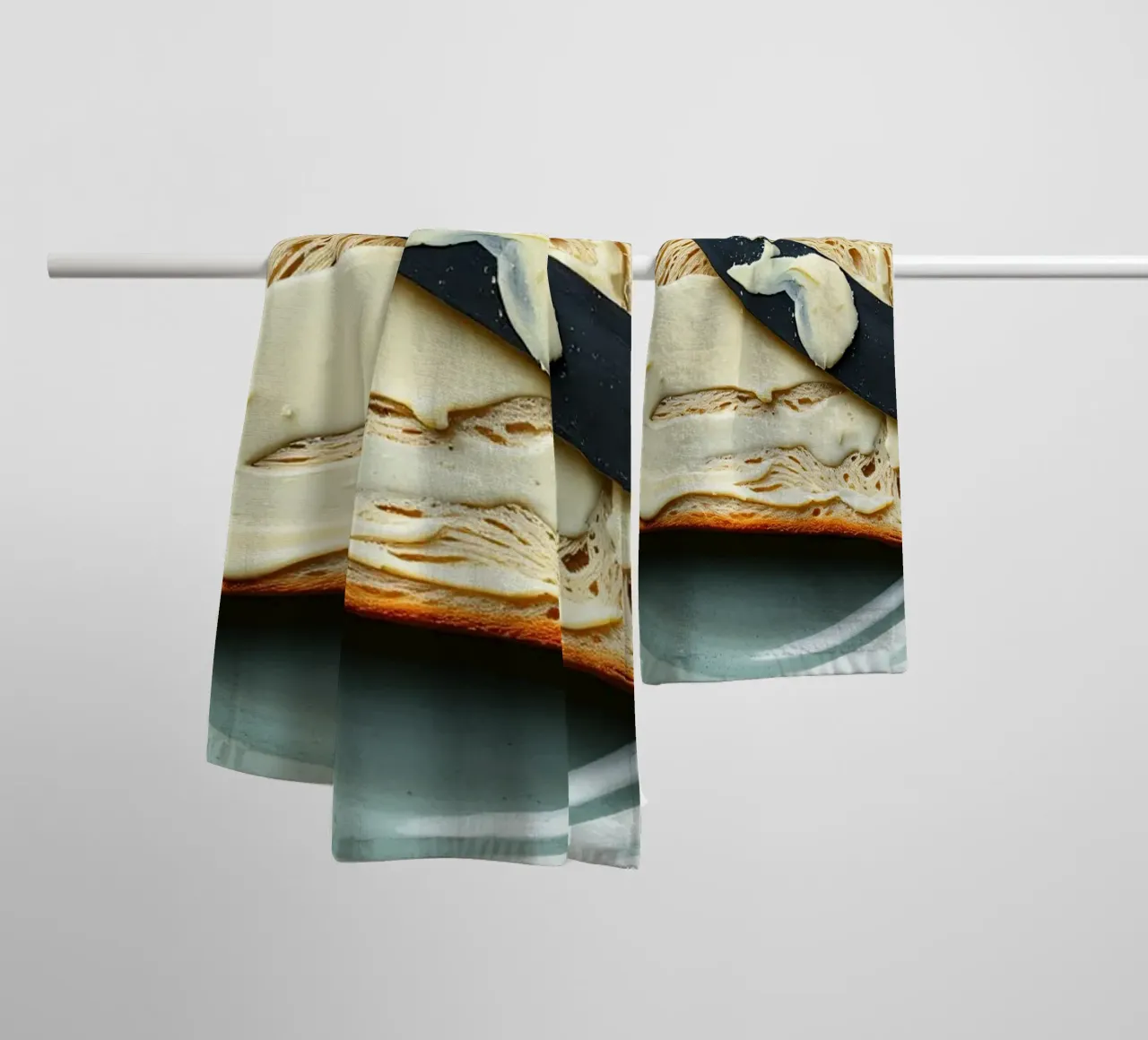 Affettare il pane e spalmare il burro su un piatto in una cucina accogliente asciugamano da bagno da DesignDoodle