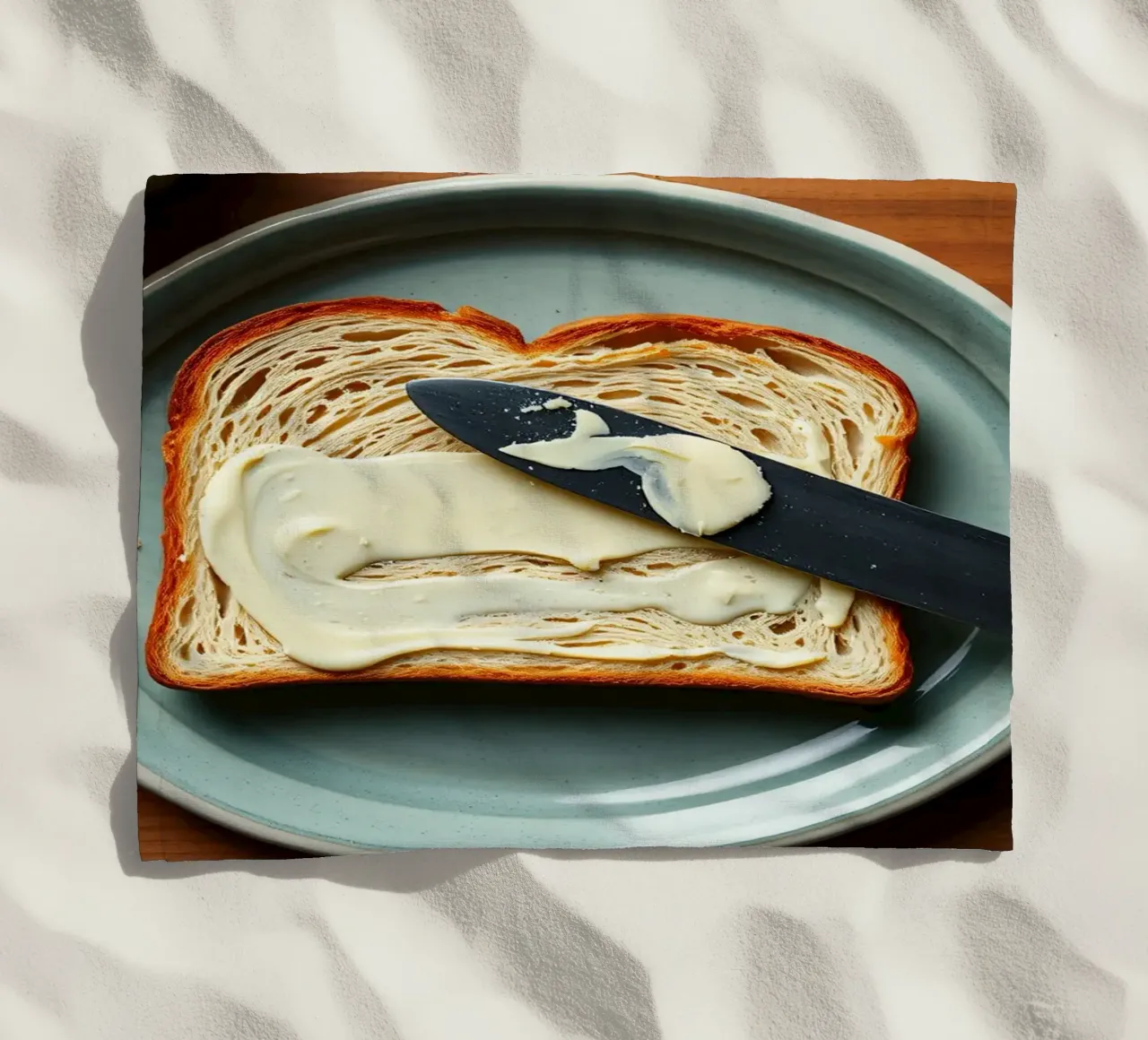 Slicing bread and spreading butter on a plate in a cozy kitc beach towel by DesignDoodle
