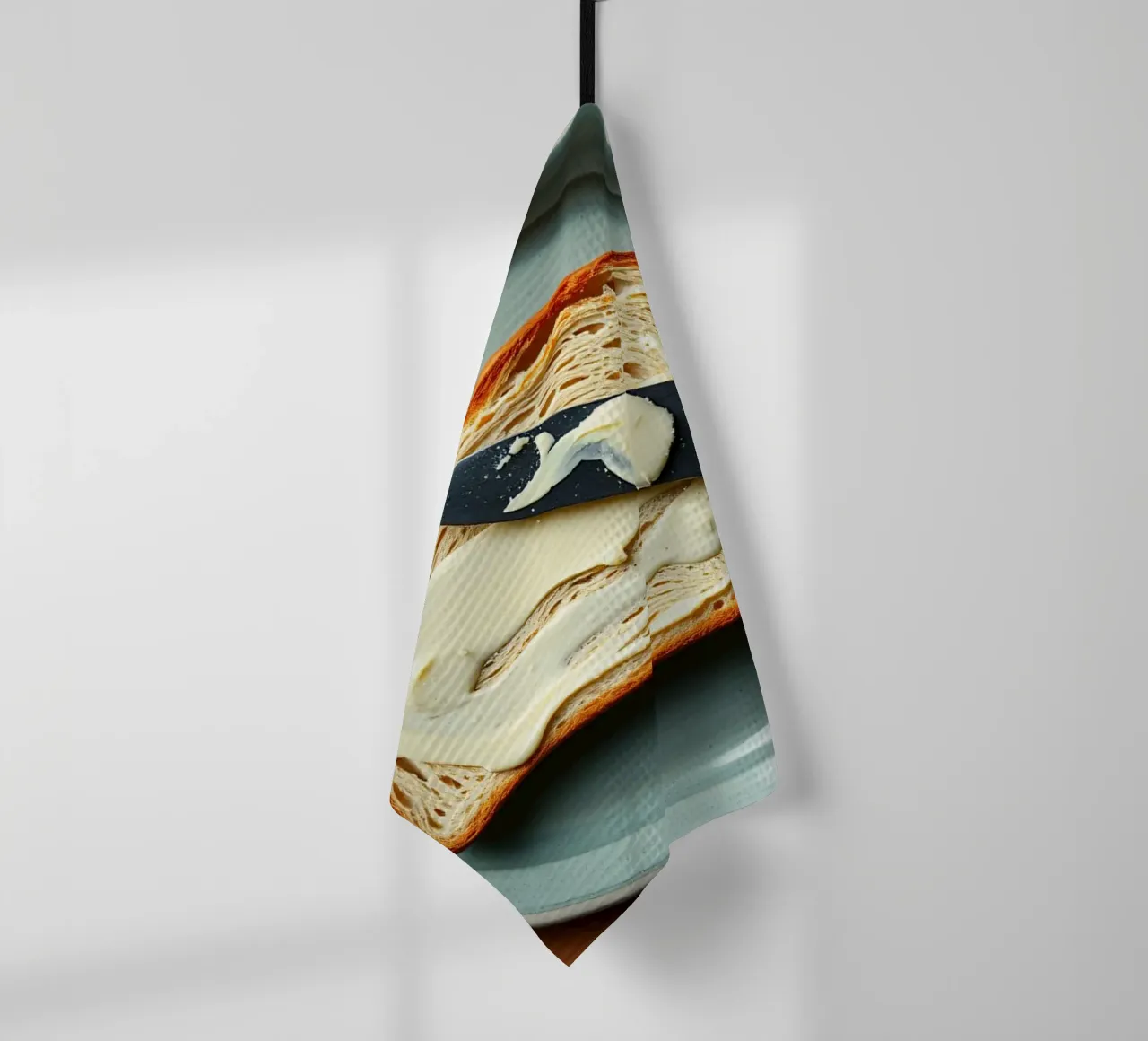 Slicing bread and spreading butter on a plate in a cozy kitc tea towel by DesignDoodle