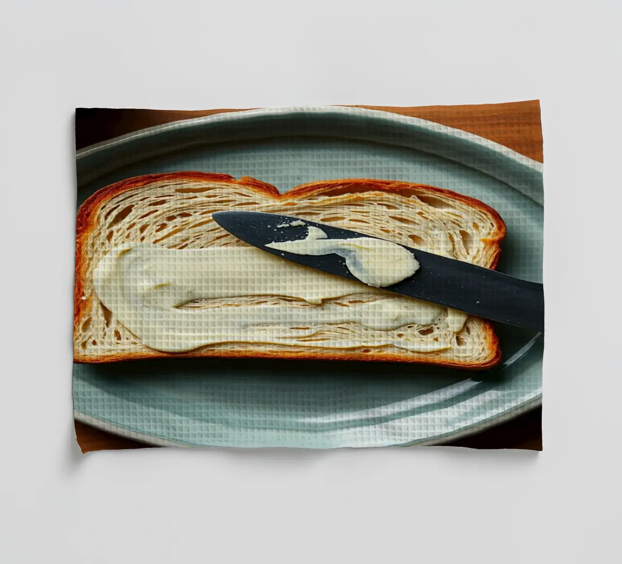 Affettare il pane e spalmare il burro su un piatto in una cucina accogliente canovaccio da cucina da DesignDoodle