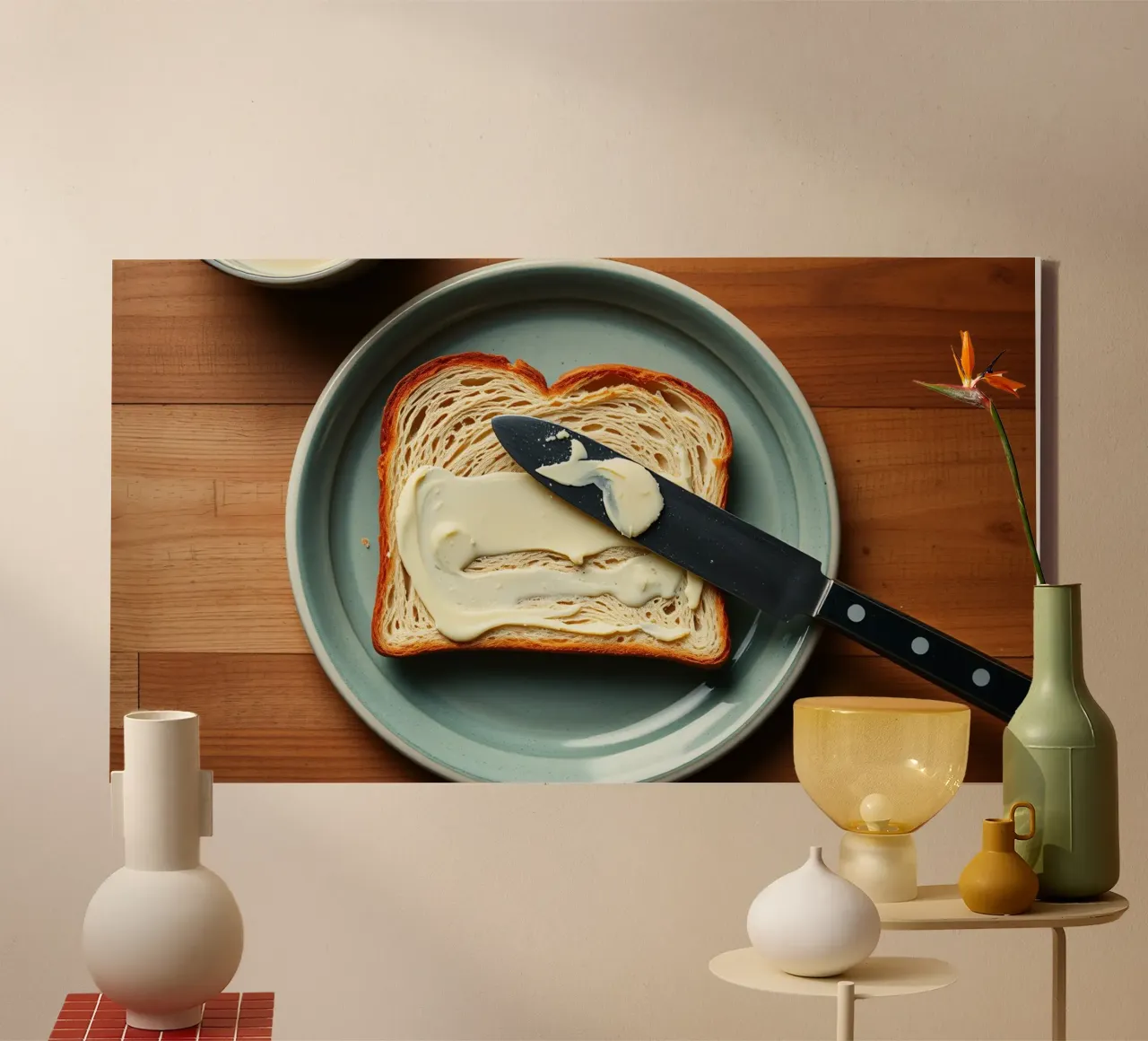 Slicing bread and spreading butter on a plate in a cozy kitc canvas by DesignDoodle