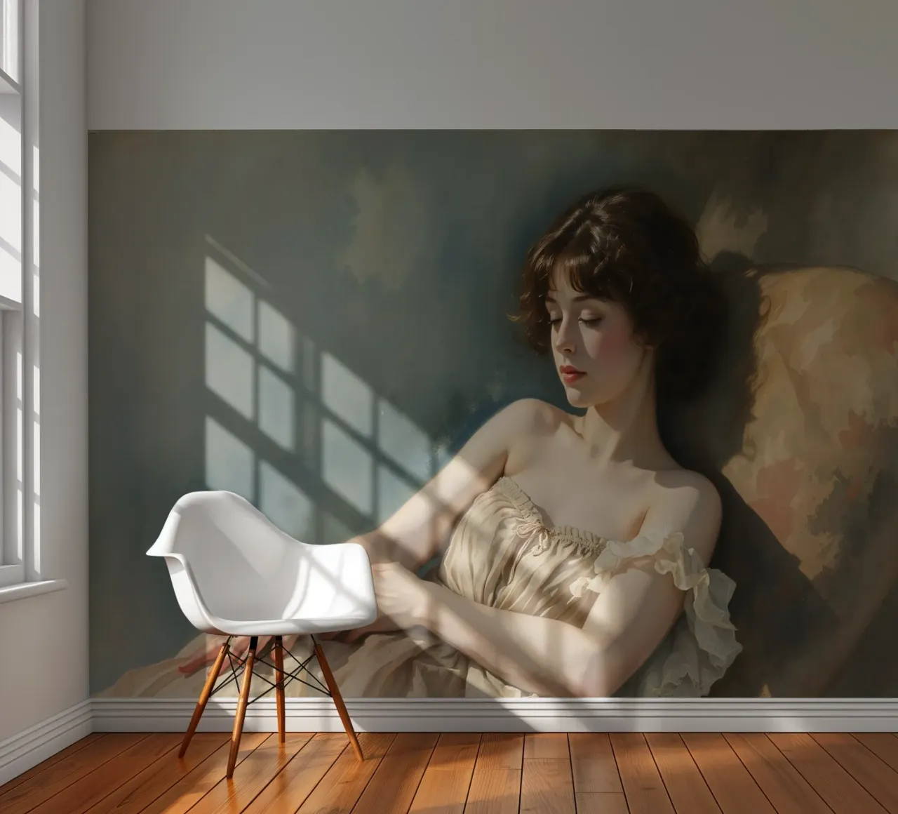Jeune femme dans une lumière douce se relaxant sur une chaise papier peint photo de DesignDoodle