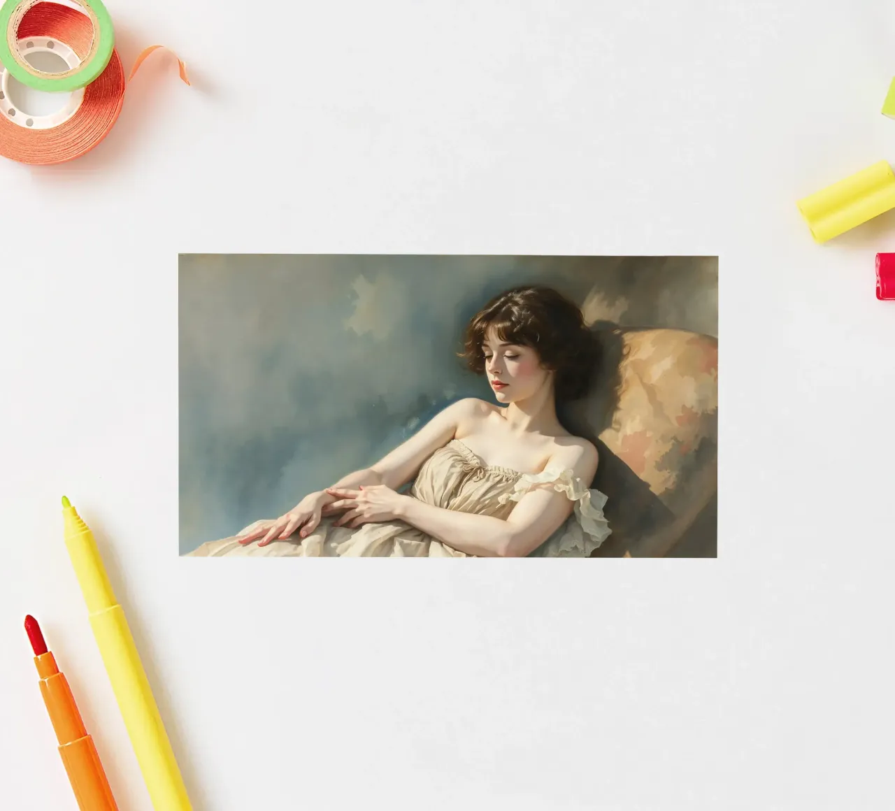 Jeune femme dans une lumière douce se relaxant sur une chaise autocollant de DesignDoodle