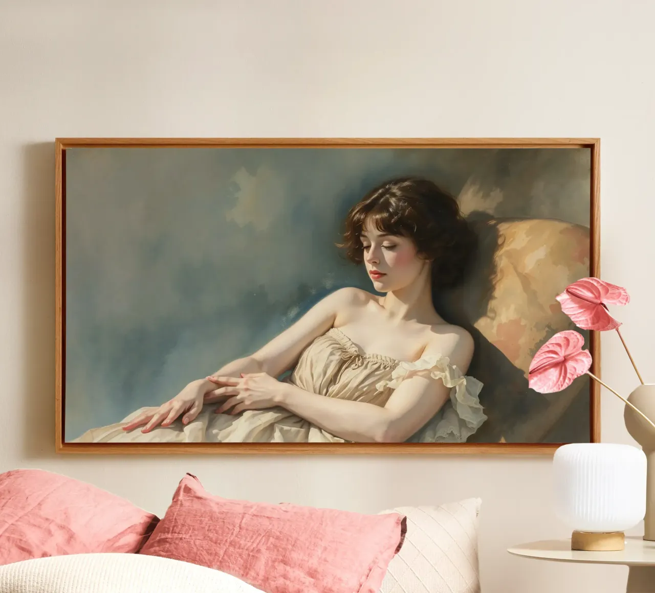 Jeune femme dans une lumière douce se relaxant sur une chaise toile de DesignDoodle