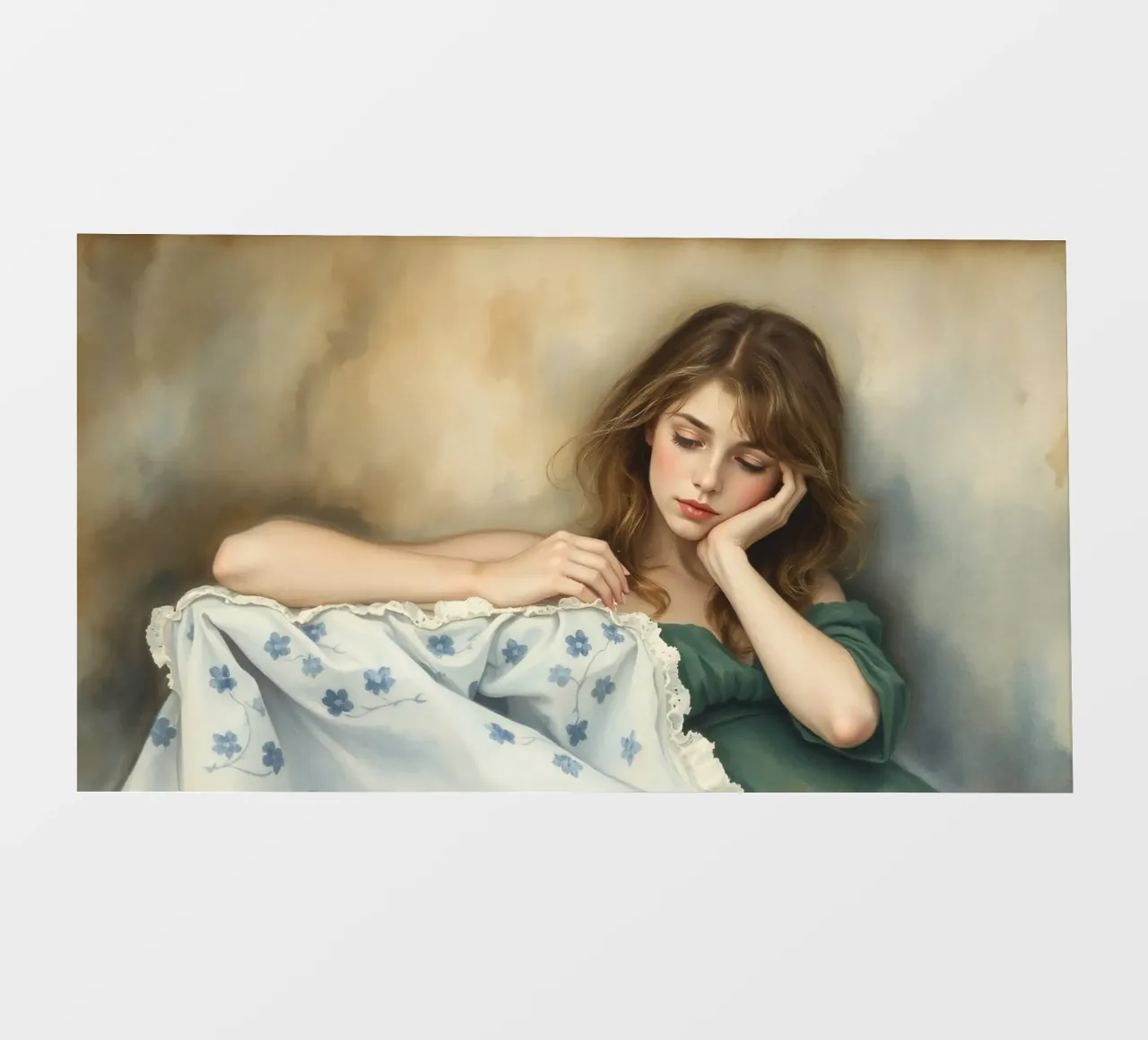 Young woman in a vintage dress rests thoughtfully on a soft pvc cover by DesignDoodle