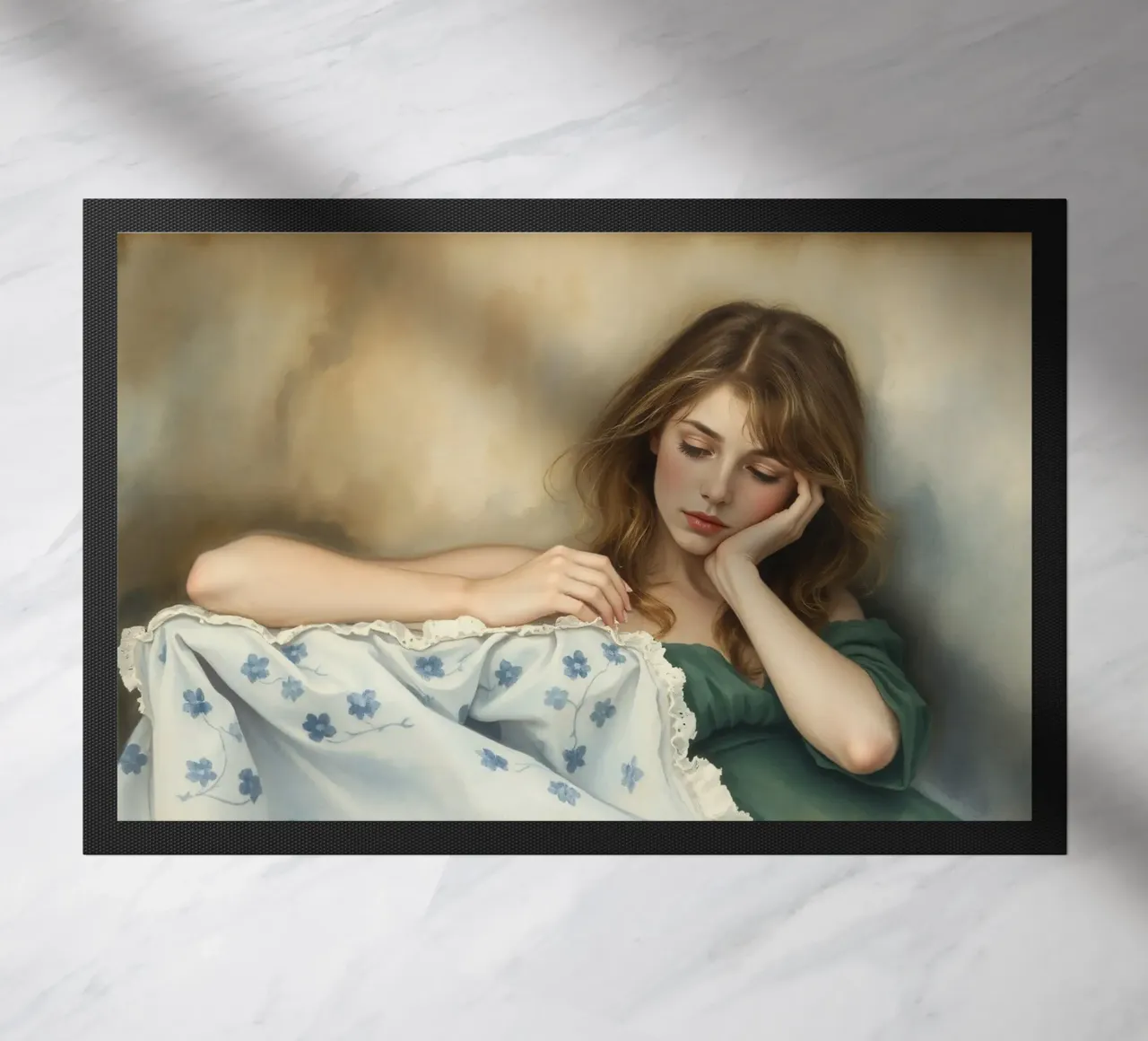 Young woman in a vintage dress rests thoughtfully on a soft doormat by DesignDoodle