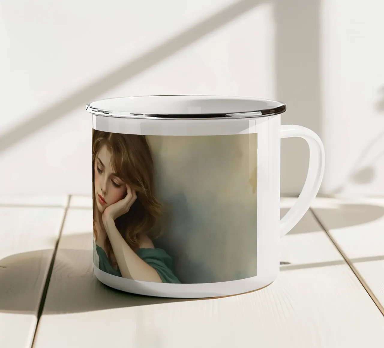 Jonge vrouw in een vintage jurk rust nadenkend op een zachte emaille mok van DesignDoodle