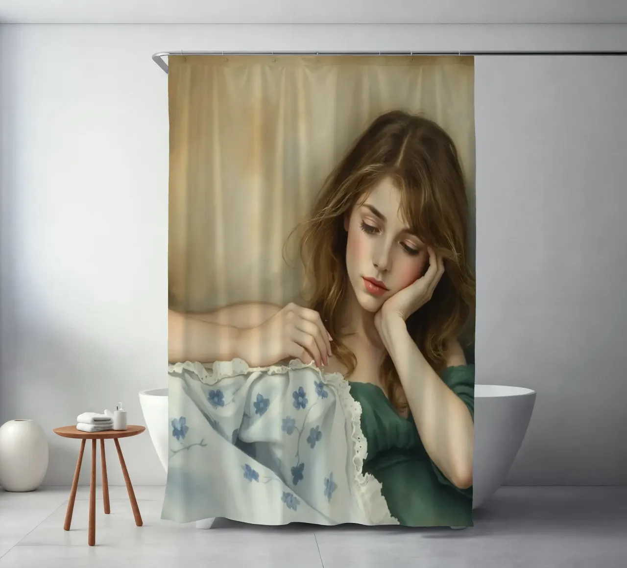 Young woman in a vintage dress rests thoughtfully on a soft shower curtain by DesignDoodle