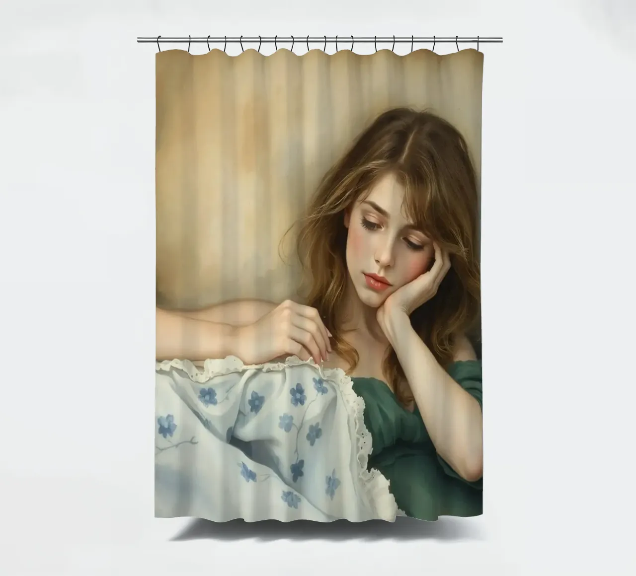 Young woman in a vintage dress rests thoughtfully on a soft shower curtain by DesignDoodle