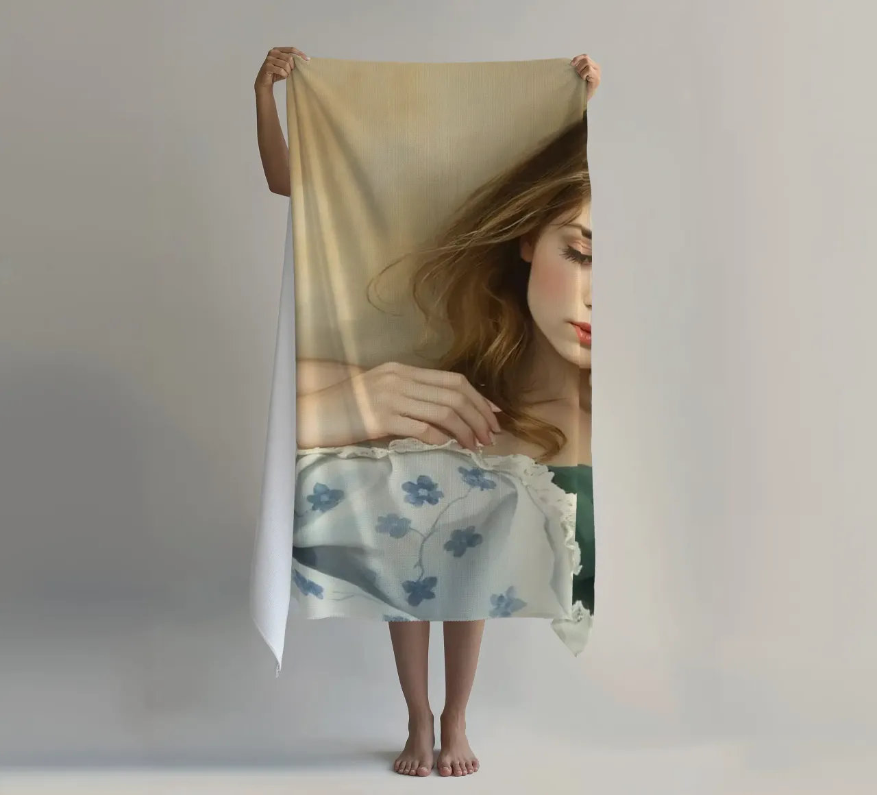 Young woman in a vintage dress rests thoughtfully on a soft beach towel by DesignDoodle