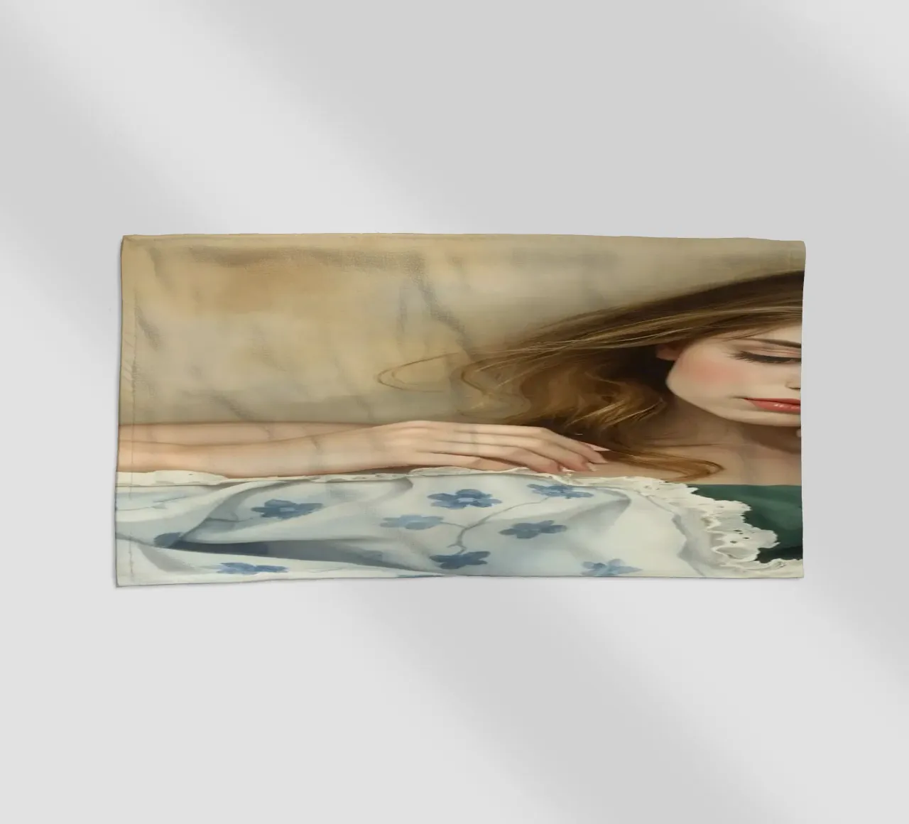 Young woman in a vintage dress rests thoughtfully on a soft beach towel by DesignDoodle