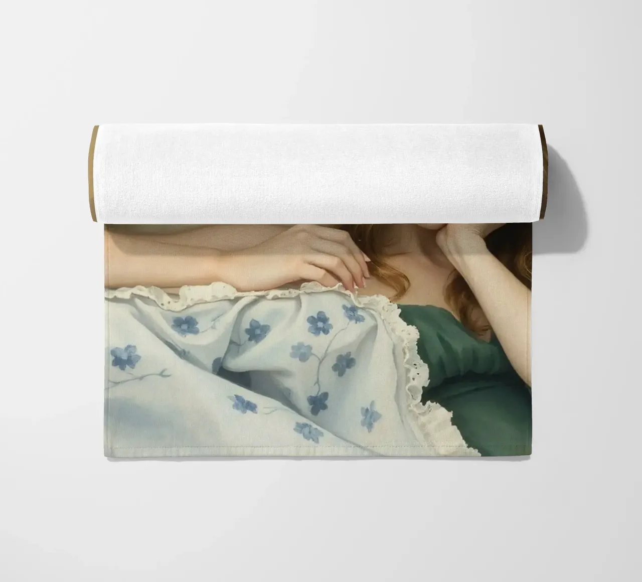 Young woman in a vintage dress rests thoughtfully on a soft beach towel by DesignDoodle