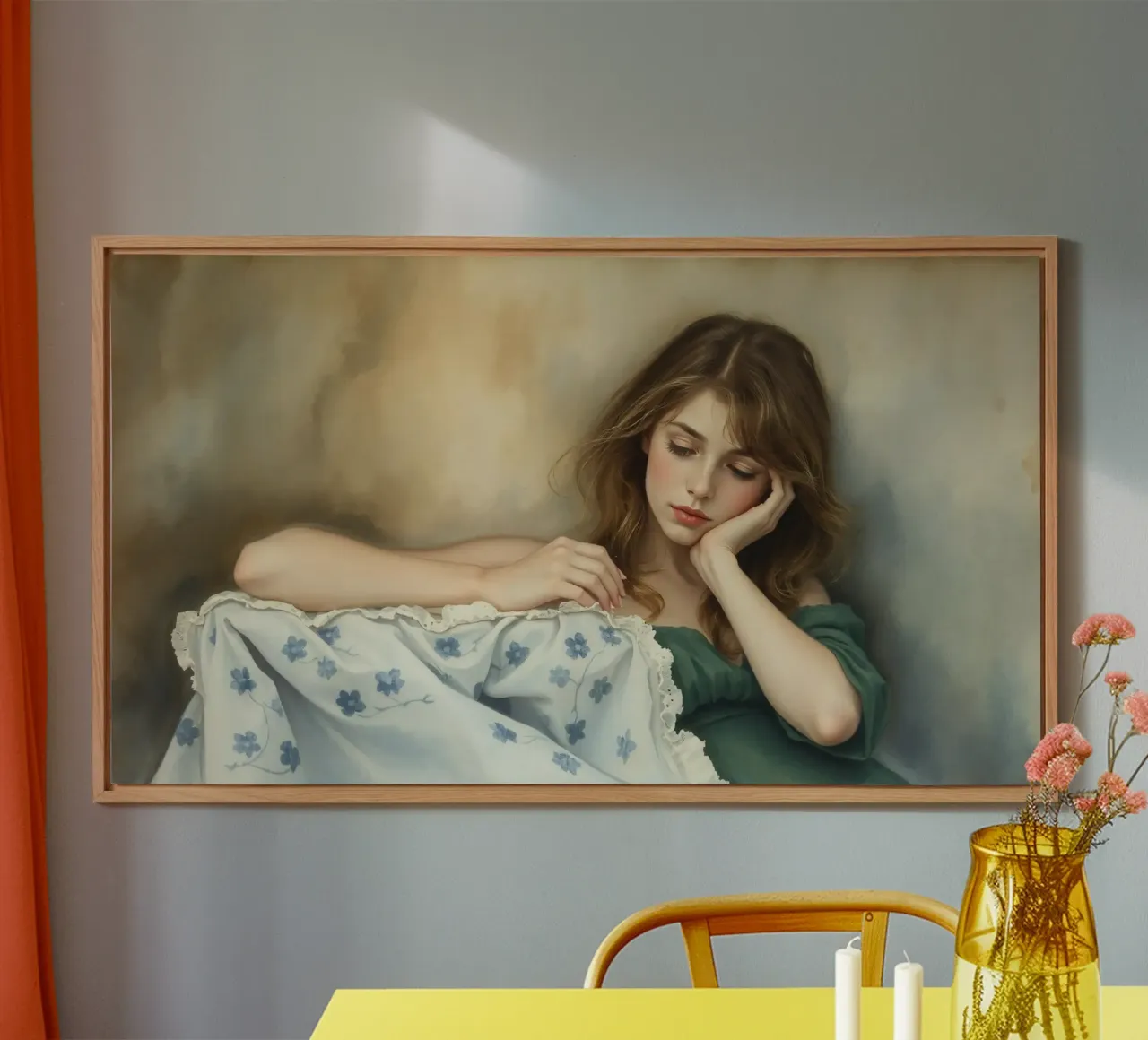 Young woman in a vintage dress rests thoughtfully on a soft alu-dibond by DesignDoodle