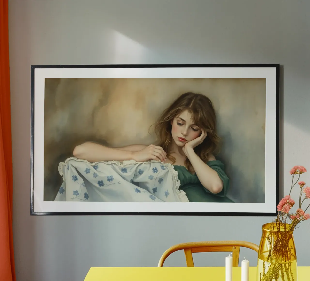 Une jeune femme vêtue d'une robe vintage se repose pensivement sur un lit moelleux. poster de DesignDoodle