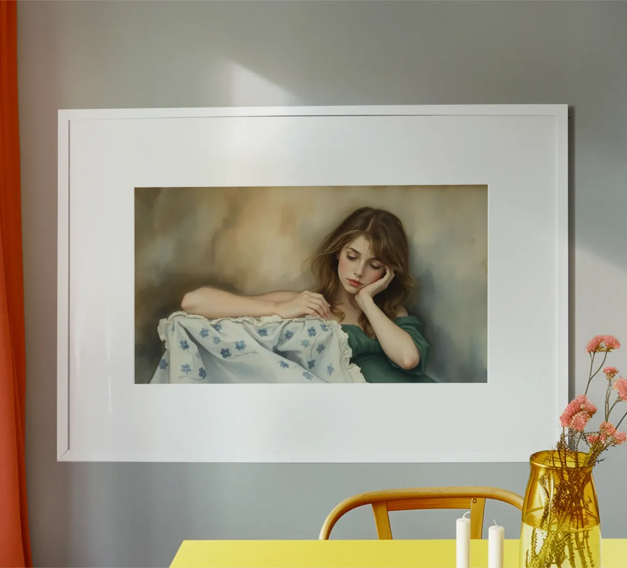 Une jeune femme vêtue d'une robe vintage se repose pensivement sur un lit moelleux. poster de DesignDoodle