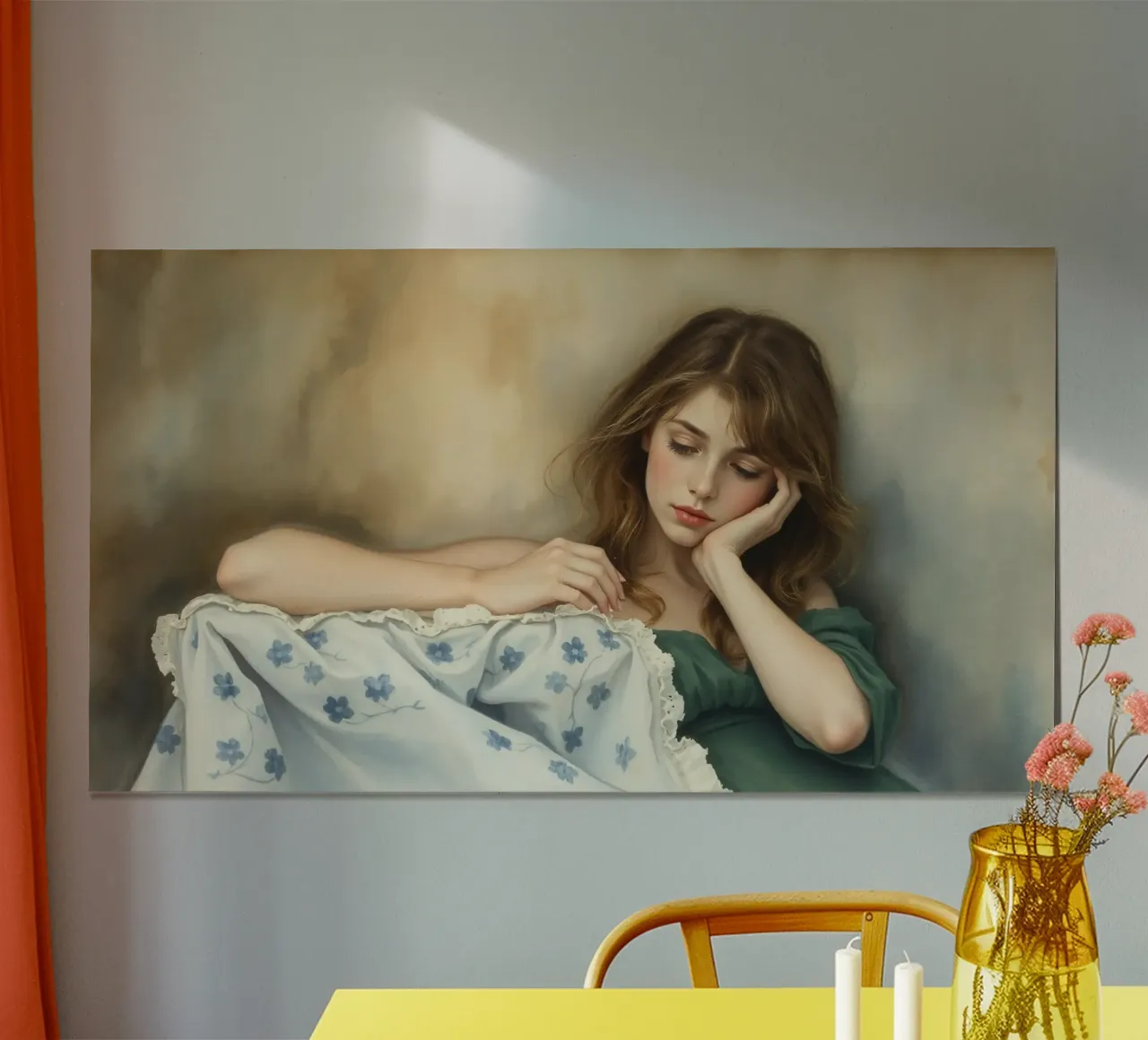 Une jeune femme vêtue d'une robe vintage se repose pensivement sur un lit moelleux. poster de DesignDoodle