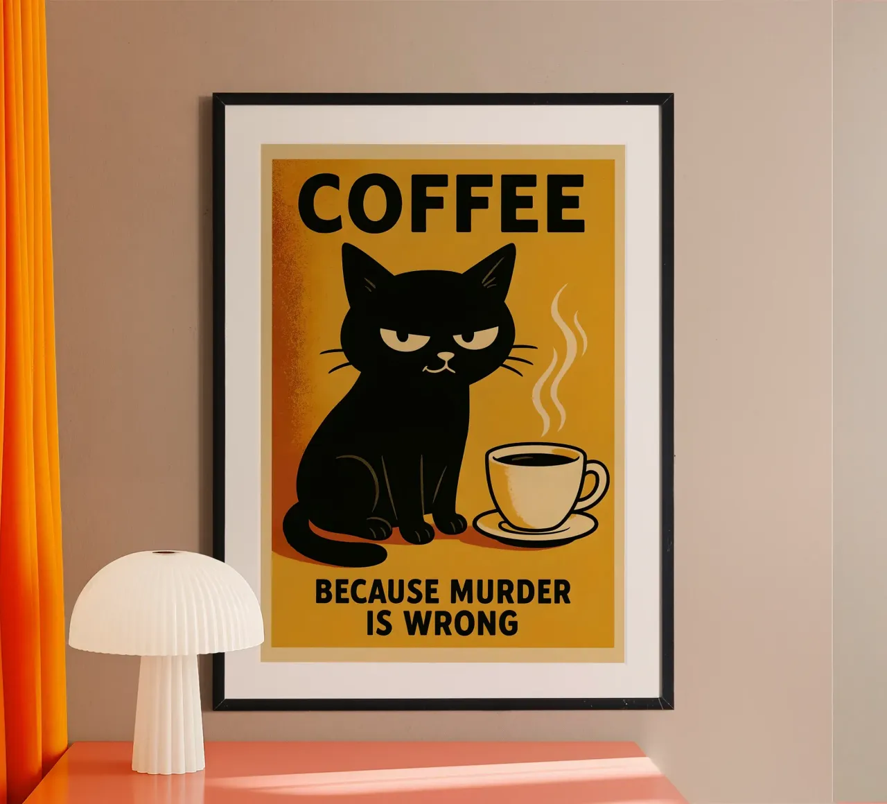 Gatto al caffè assassino - Poster da cucina di umorismo nero poster con telaio in legno da Lootprint