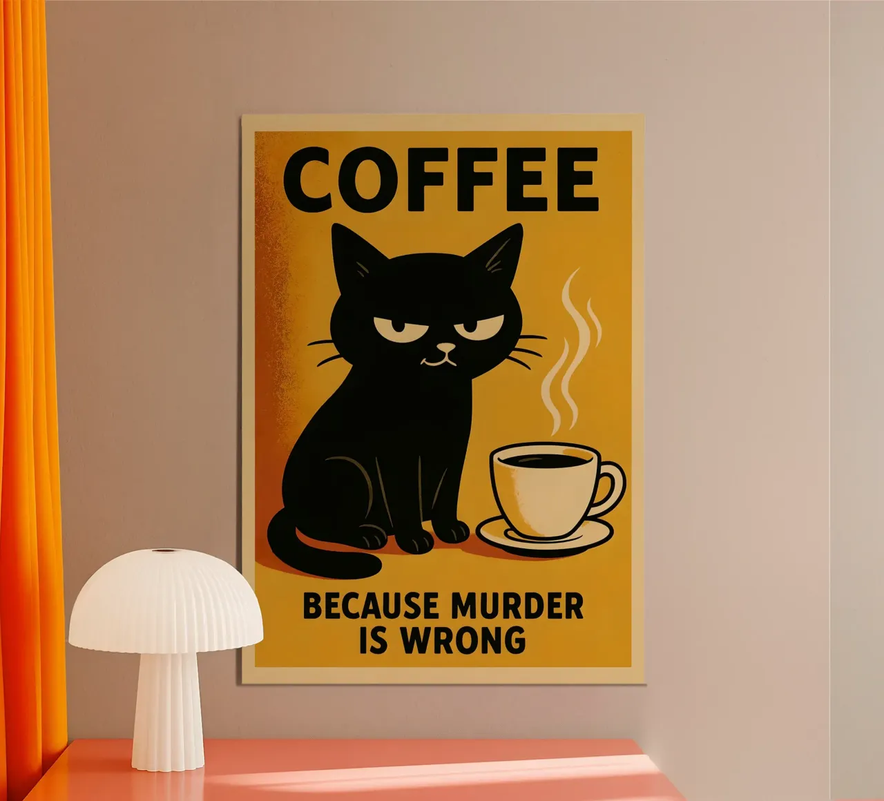 Gatto al caffè assassino - Poster da cucina di umorismo nero poster con telaio in legno da Lootprint