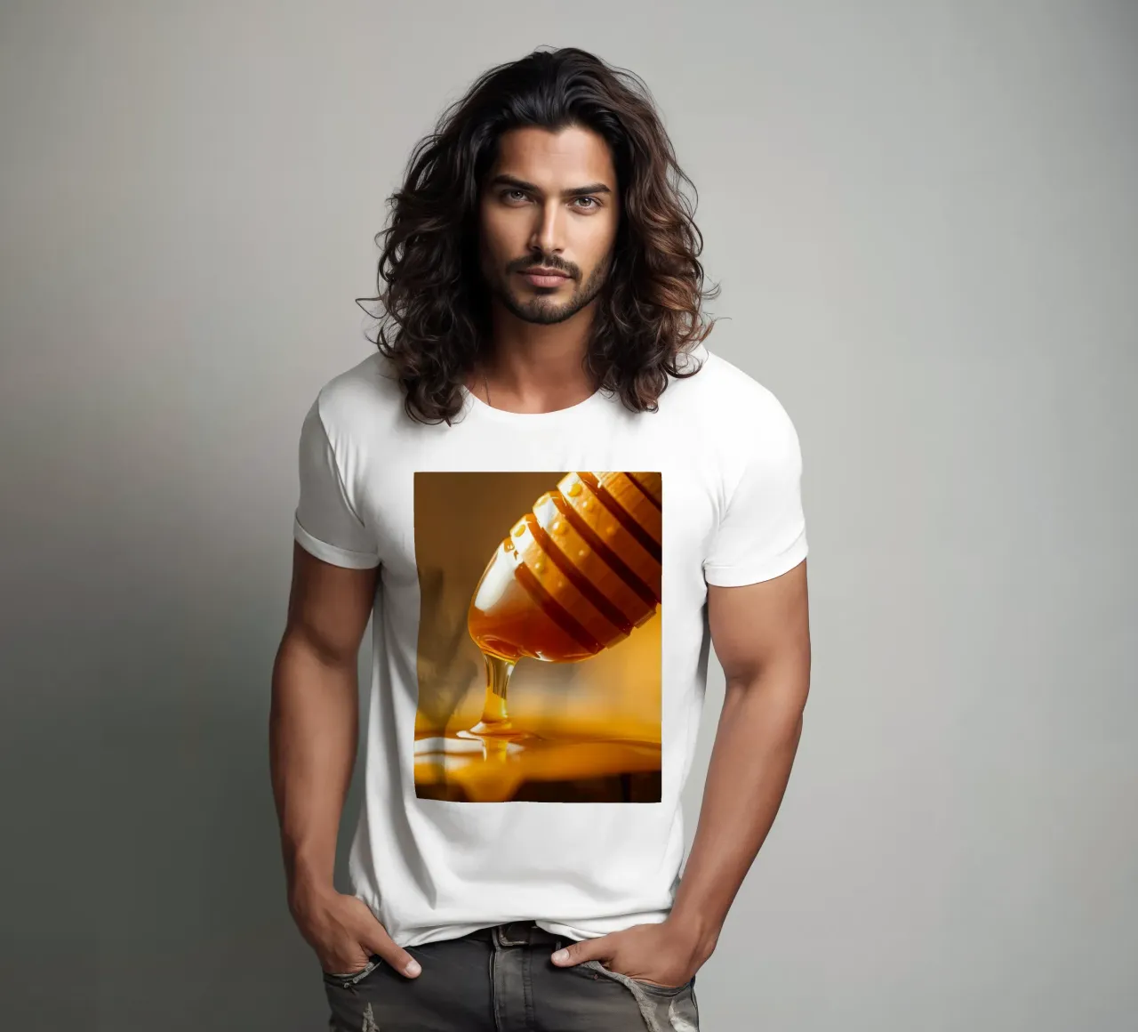 La miel dorada gotea de un cazo de madera sobre un rústico camiseta de DesignDoodle