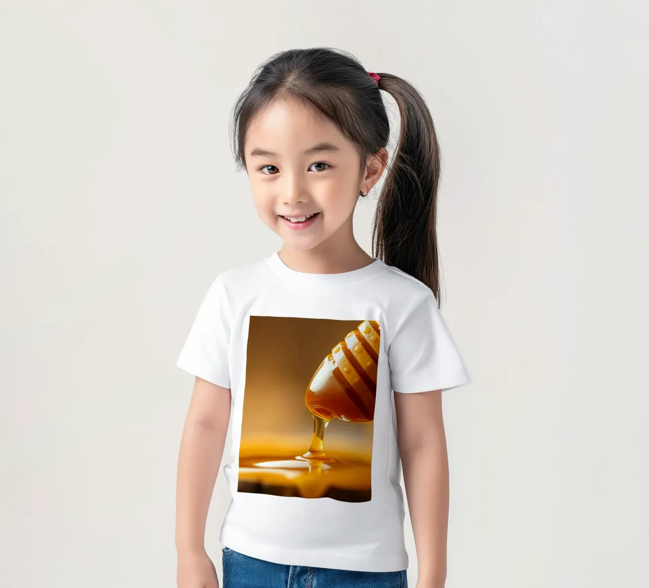Goldener Honig tropft aus einem hölzernen Schöpflöffel auf eine rustikale Kinder T-Shirt von DesignDoodle