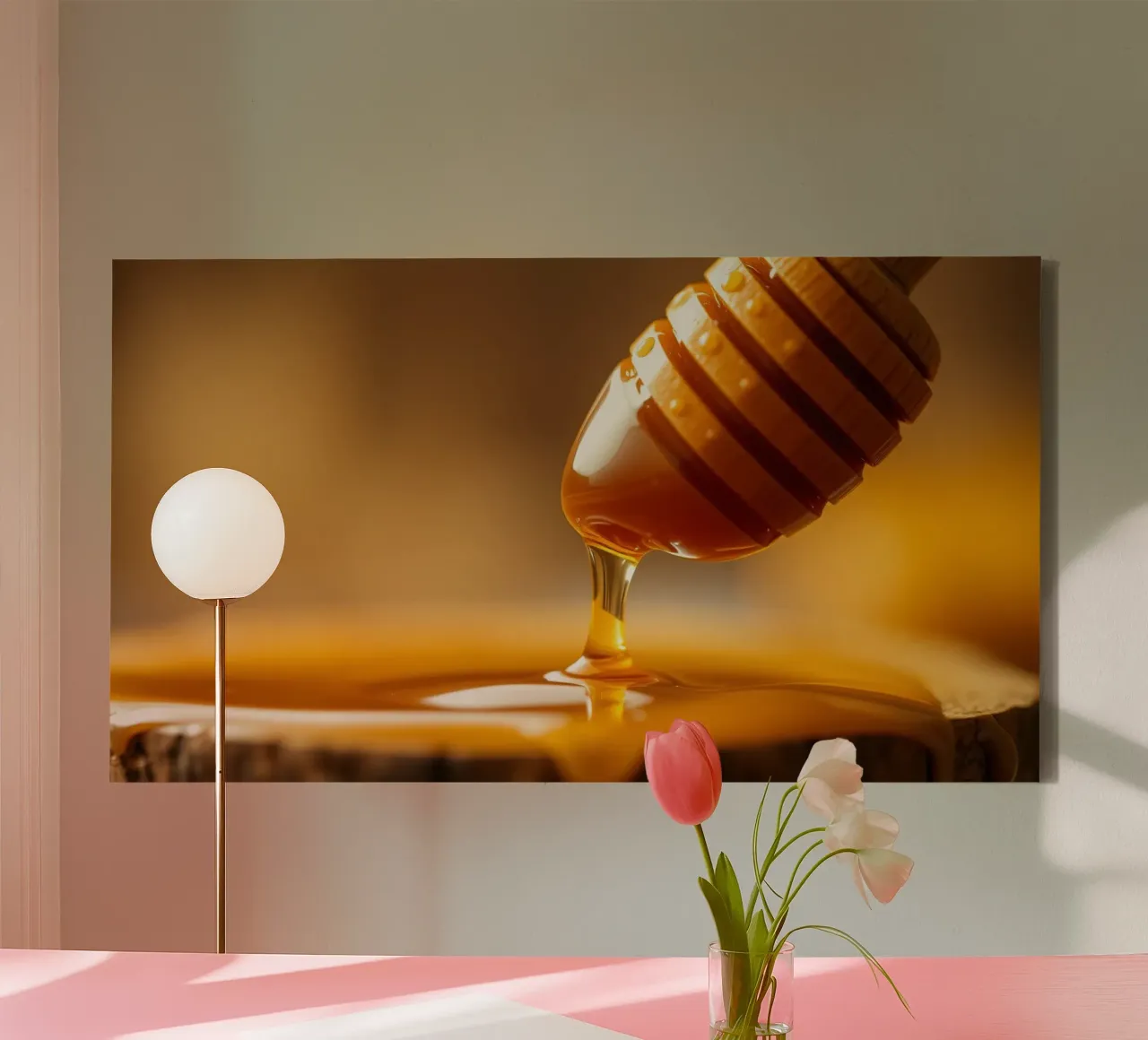 Golden honey drips from a wooden dipper on a rustic wooden canvas with Floater frame by DesignDoodle