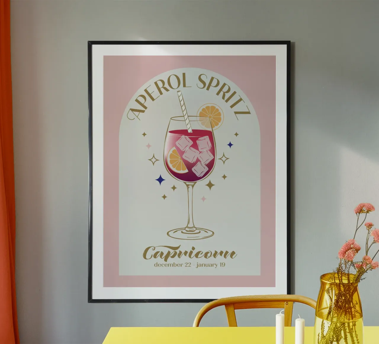 Aperol Spritz Cocktail Segno zodiacale poster con telaio in plastica da cafelab