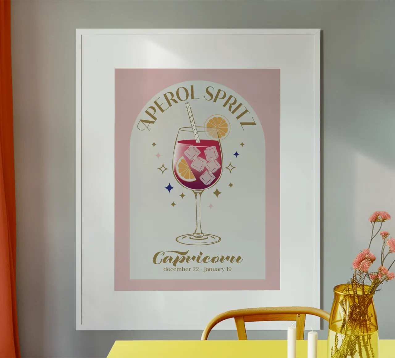 Aperol Spritz Cocktail Segno zodiacale poster con telaio in plastica da cafelab