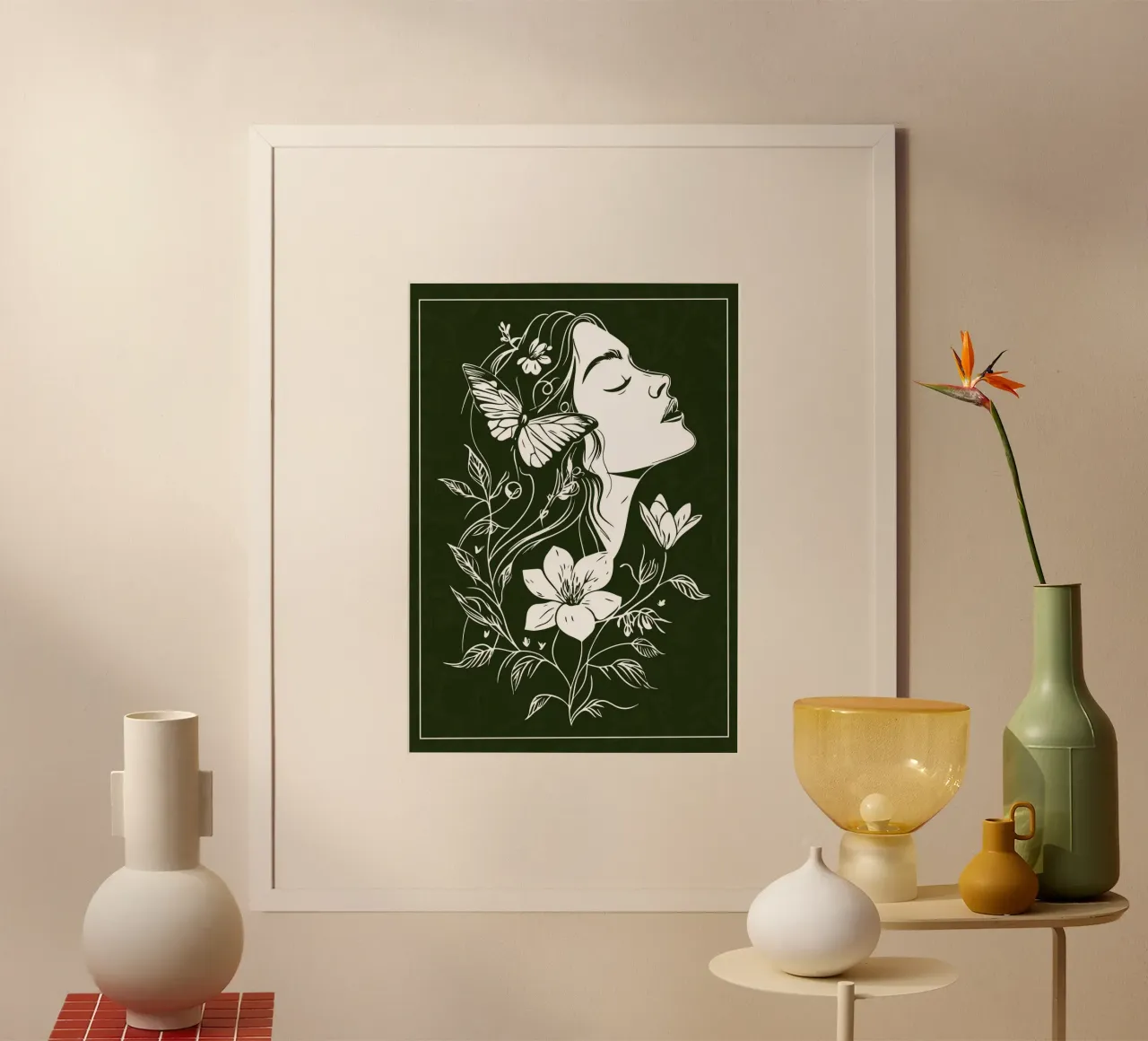 Donna in armonia con la natura e le farfalle poster con telaio in alluminio da pixelbull - medieval art and more