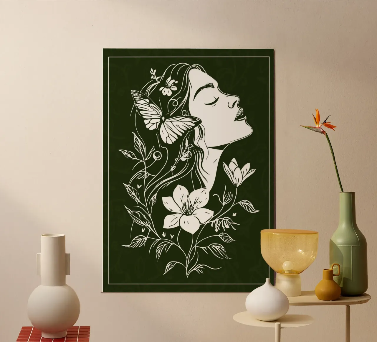 Donna in armonia con la natura e le farfalle poster con telaio in alluminio da pixelbull - medieval art and more