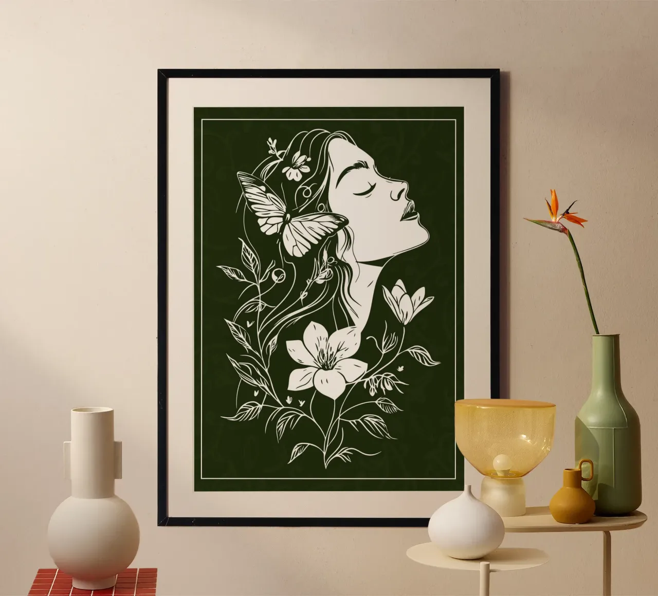 Donna in armonia con la natura e le farfalle poster con telaio in alluminio da pixelbull - medieval art and more