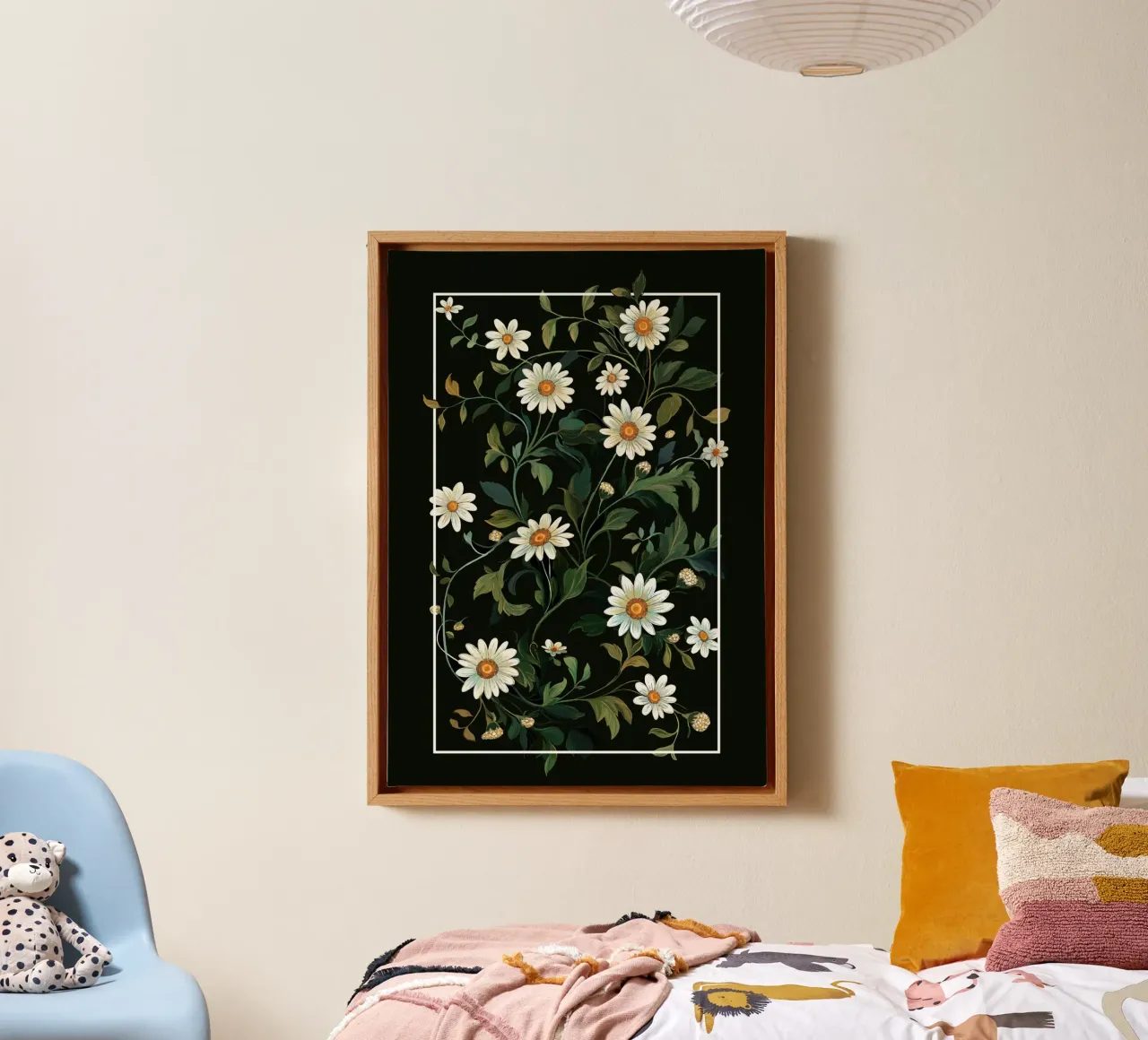White camomile on a black background canvas with Floater frame by pixelbull - medieval art and more