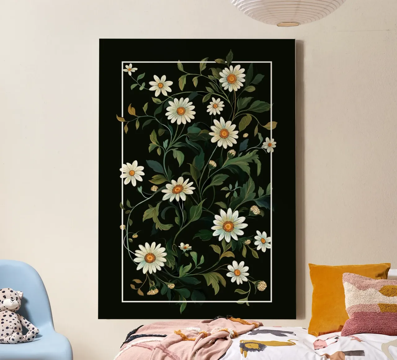 White camomile on a black background canvas with Floater frame by pixelbull - medieval art and more