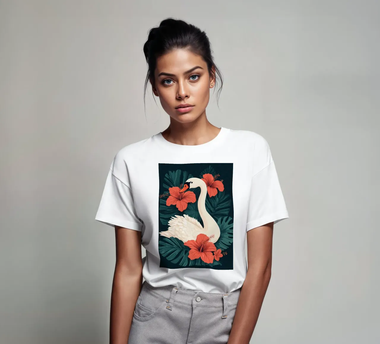 Elegant swan with hibiscus flowers t-shirt by pixelbull - medieval art and more