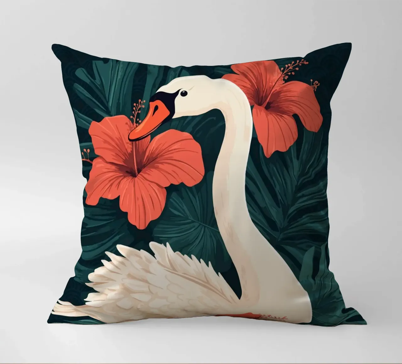 Cigno elegante con fiori di ibisco cuscino da pixelbull - medieval art and more
