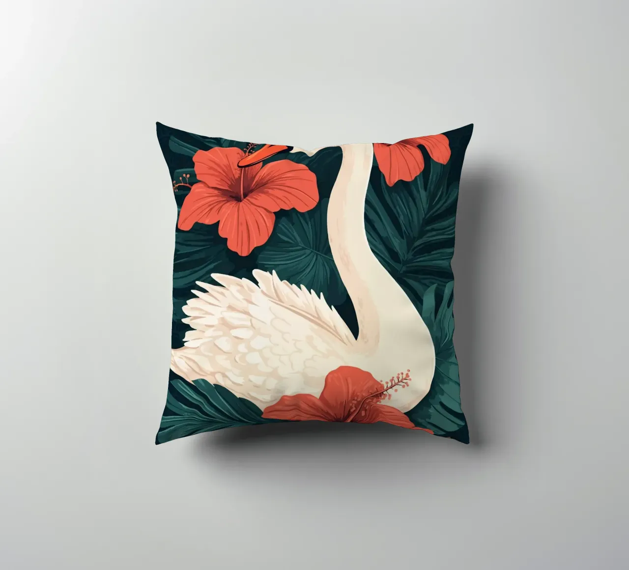 Cigno elegante con fiori di ibisco cuscino da pixelbull - medieval art and more