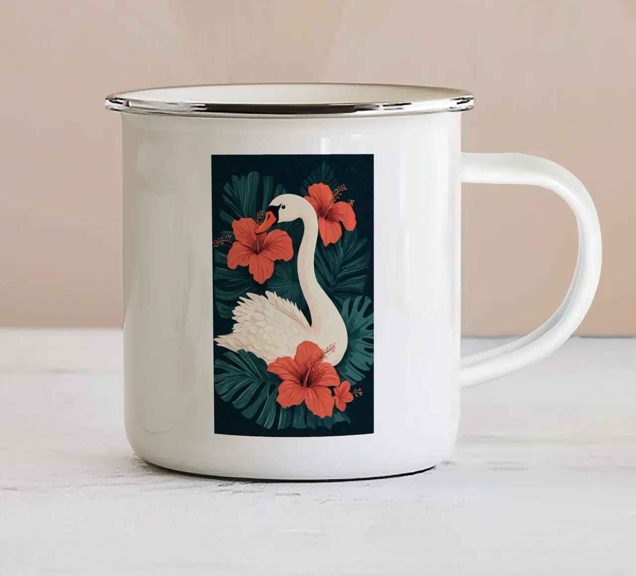 Cigno elegante con fiori di ibisco tazza in smalto da pixelbull - medieval art and more